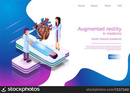 Isometric Banner Augmented Reality in Medicine 3d. Group Doctor Studying Heart Disease Diagnosis. Woman Patient Lies Medical Platform Clinic. Projection Human Heart Detailed Examination Disease