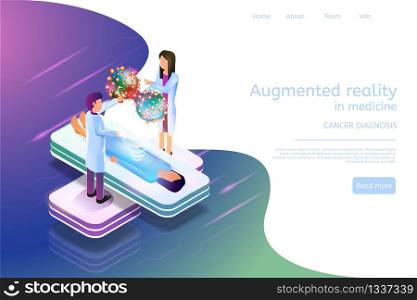 Isometric Banner Augmented Reality in Medicine 3d. Vector Illustration Doctor Examines Cancer Diagnosis Woman Patient. Technologies Future. Projection Biological Cell Detailed Study Human Disease