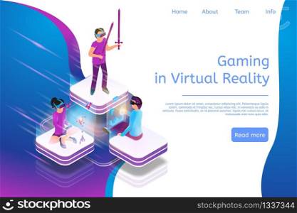 Isometric Banner Gaming in Virtual Reality in 3d. Illustration People Play Video Game Using Virtual Reality Glasses. Technology Future Entertainment Industry. Guy Hold Sword, Girl Uses Joystick Play