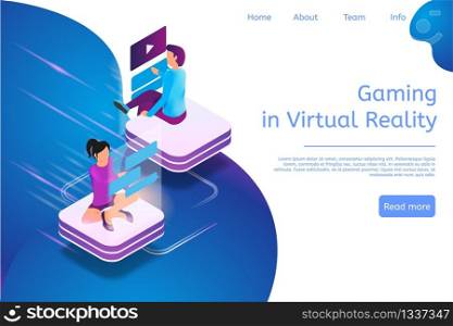 Isometric Banner Gaming in Virtual Reality in 3d. Vector Illustration Man and Woman Friend Chat Online. Modern Technologies Future for Communication People. Internet Allows You Keep Touch
