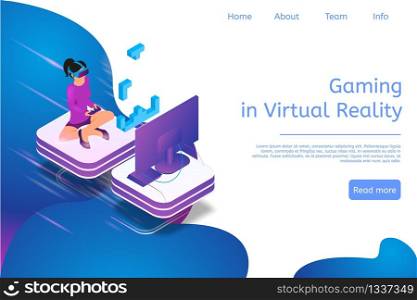 Isometric Banner Gaming in Virtual Reality in 3d. Vector Illustration Girl Play Video Game on TV Using Virtual Reality Glasses and Game Joystick. Technology Future Entertainment Industry.