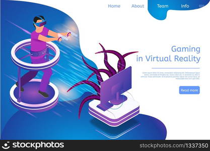 Isometric Banner Gaming in Virtual Reality in 3d. Vector Illustration Guy Playing Video Game TV Using Virtual Reality Glasses. Fighting Monster with Help Virtual Weapons. Future Entertainment Industry