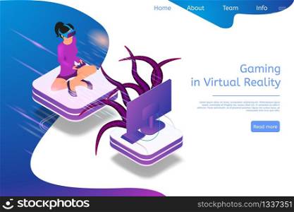 Isometric Banner Gaming in Virtual Reality in 3d. Vector Illustration Girl Playing Video Game TV Using Virtual Reality Glasses. Fighting Monster with Help Game Joystick. Future Entertainment Industry