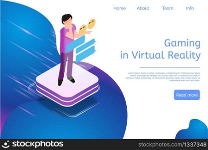 Isometric Banner Gaming in Virtual Reality in 3d. Vector Illustration Man Chat Online. Modern Technologies Future for Communication People. Computer Screen Projection. Internet Allows You Keep Touch.