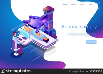 Isometric Banner Illustration Robotic Surgery 3d. Vector Image Medical Process Patient Surgical Operation Using Technologies Future. Male Doctor Controls Medical Robot Using Computer