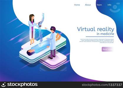 Isometric Banner Virtual Reality in Medicine 3d. Vector Illustration Group Doctor Studying Problems Spine Patient. Male Doctor Uses Virtual Reality Glasses Detailed Diagnosis Projection Spine