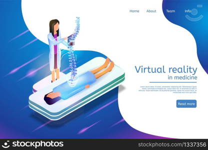 Isometric Banner Virtual Reality in Medicine 3d. Vector Illustration Woman Doctor Studying Problems Spine Projection Patient Uses Virtual Reality Glasses Detailed Diagnosis. Girl Lies Medical Platform