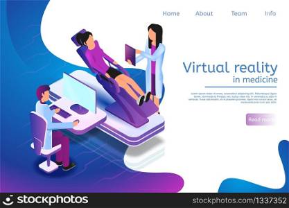 Isometric Banner Virtual Reality in Medicine in 3d. Vector Illustration Man and Woman Doctor are Conducting Examination Girl. Man Sits at Computer, Woman Doctor Holds Tablet in his Hand