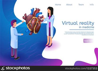 Isometric Banner Virtual Reality in Medicine in 3d. Vector Illustration Doctor Studying Heart Disease Diagnosis. Projection Human Heart Detailed Examination Disease. Future Health care Technology