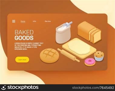 Isometric banner with baked bread cupcake donut flour dough and rolling pin 3d vector illustration
