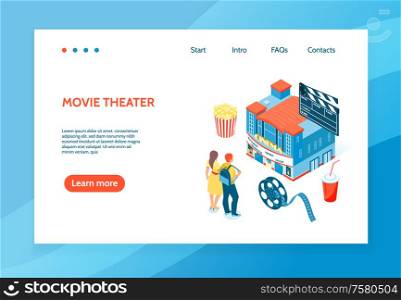 Isometric banner with two people going to cinema popcorn drink reel and clapper 3d vector illustration