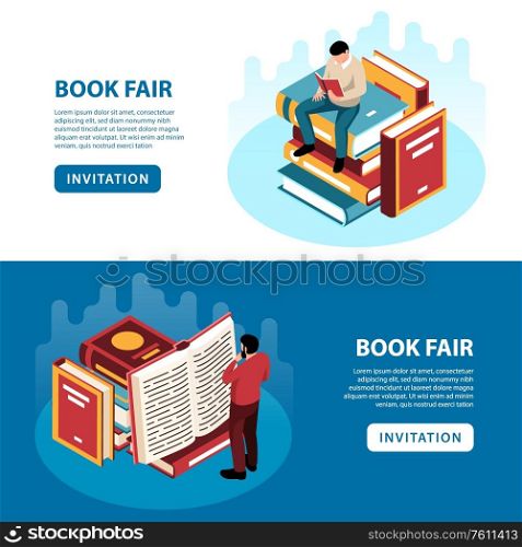 Isometric banners set with people reading books at fair 3d isolated vector illustration