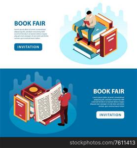 Isometric banners set with people reading books at fair 3d isolated vector illustration