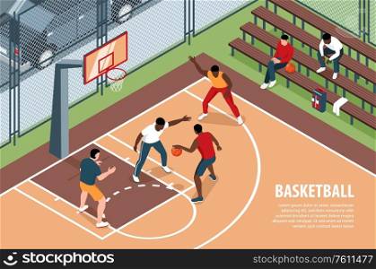 Isometric basketball horizontal background with editable text and view of playground with playing athletes and viewers vector illustration