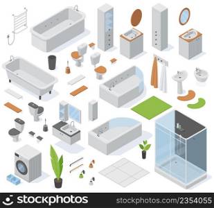 Isometric bathroom furniture, 3d toilet, washbasin, shower cabin and sink. Modern toilet and washroom accessories vector illustration set. Bathroom interior elements collection of furniture. Isometric bathroom furniture, 3d toilet, washbasin, shower cabin and sink. Modern toilet and washroom accessories vector illustration set. Bathroom interior elements