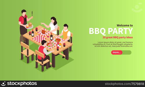 Isometric bbq barbecue horizontal banner with slider button text and images of people eating at table vector illustration