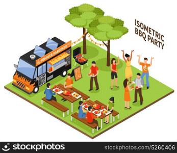 Isometric BBQ Party. Isometric bbq party at nature with eating and dancing people vehicle and grill equipment 3d vector illustration