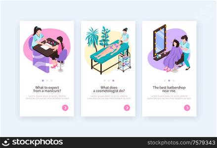 Isometric beauty cosmetology hairdress manicure salon vertical banners set with page switch buttons text and images vector illustration
