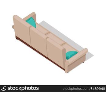 Isometric Beige Sofa. Isometric beige sofa with shadow in flat. Two-colored fabric couch. Sofa furniture icon. Furniture element for office and home interior. Isolated object on white background. Vector illustration.