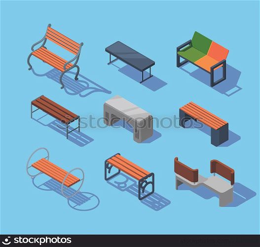 Isometric benches. Urban outdoor modern city furniture comfort wooden benches garish vector pictures isolated. Illustration of bench isometric, modern urban outdoor. Isometric benches. Urban outdoor modern city furniture comfort wooden benches garish vector pictures isolated