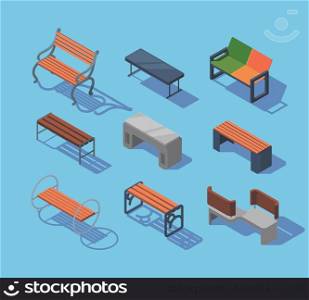 Isometric benches. Urban outdoor modern city furniture comfort wooden benches garish vector pictures isolated. Illustration of bench isometric, modern urban outdoor. Isometric benches. Urban outdoor modern city furniture comfort wooden benches garish vector pictures isolated