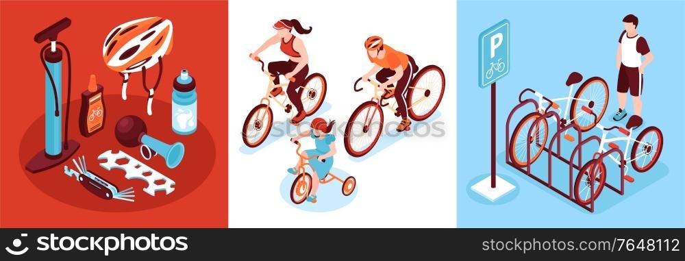Isometric bicycle design concept with square compositions of riders with parking rack and cycling gear images vector illustration