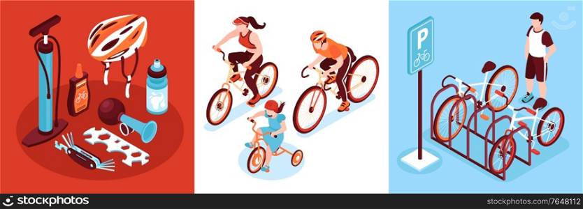 Isometric bicycle design concept with square compositions of riders with parking rack and cycling gear images vector illustration