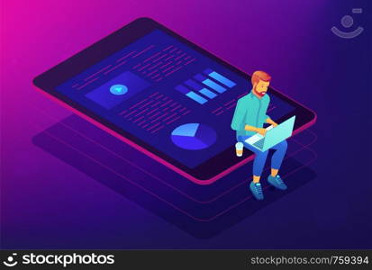 Isometric big data analysis concept. A business analyst with laptop and visual data analysis statistics pie charts and graphics on the tablets screen in violet color. Vector ultraviolet background.. Isometric big data analysis concept.