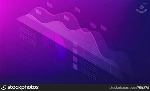 Isometric big data analysis, feedback and research concept. Visual data analysis statistics elements, pie charts and graphics in virtual interface in violet color. Vector ultraviolet background.. Isometric data analysis, feedback and research concept.