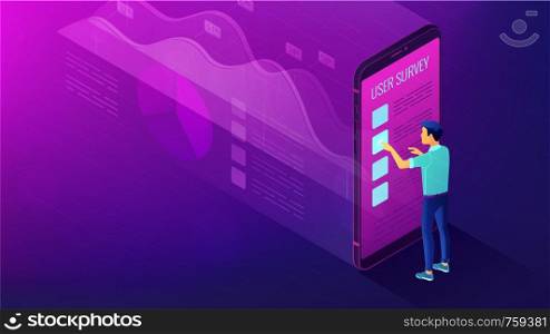 Isometric big data analysis, feedback and research concept. A man in front of mobile screen with visual data analysis statistics pie charts and graphics in violet color. Vector ultraviolet background.. Isometric data analysis, feedback and research concept.