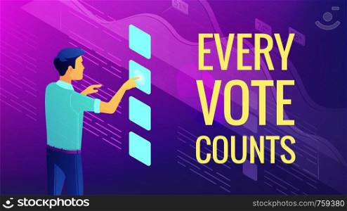 Isometric big data analysis, feedback and voting concept. A man in front of virtual interface with visual data elements and title every vote counts in violet color. Vector ultraviolet background.. Isometric data analysis, feedback and voting concept.