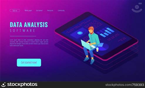 Isometric big data analysis landing page concept. A business analyst with laptop and charts graphics of data analytics statistics on the tablets screen in violet color. Vector ultraviolet background. Isometric big data analysis landing page concept.