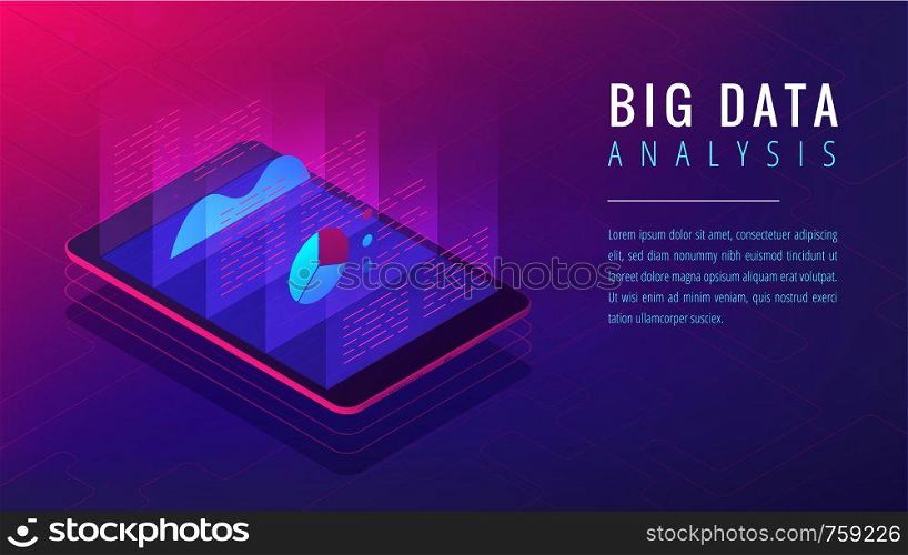 Isometric big data analysis landing page concept. Cloud application with 3d charts graphics of big data analytics statistics on the tablets screen in violet color. Vector ultraviolet background. Isometric big data analysis landing page concept.