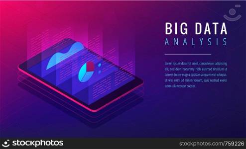 Isometric big data analysis landing page concept. Cloud application with 3d charts graphics of big data analytics statistics on the tablets screen in violet color. Vector ultraviolet background. Isometric big data analysis landing page concept.