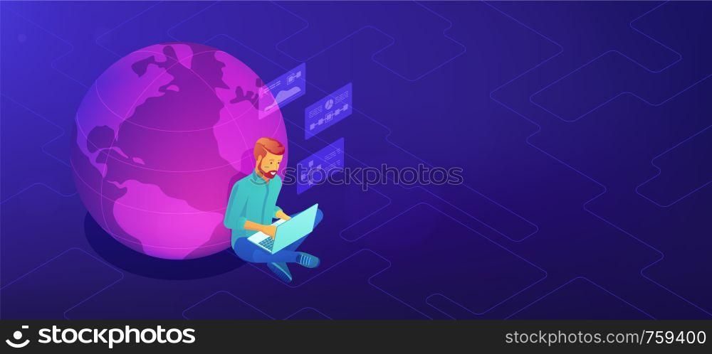 Isometric big data analyst working on laptop sitting near the globe. Big data analysis, global market research and visualization vector 3D isometric illustration on ultraviolet background.. Big data analyst working concept