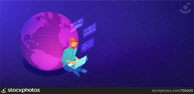 Isometric big data analyst working on laptop sitting near the globe. Big data analysis, global market research and visualization vector 3D isometric illustration on ultraviolet background.. Big data analyst working concept