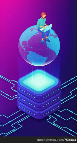 Isometric big database engineer administrator working on laptop sitting on the globe. Big data storage architecture, storage and service vector 3D isometric illustration on ultraviolet background.. Isometric big database engineer concept