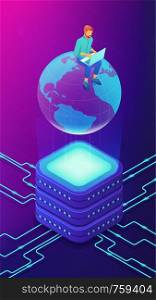 Isometric big database engineer administrator working on laptop sitting on the globe. Big data storage architecture, storage and service vector 3D isometric illustration on ultraviolet background.. Isometric big database engineer concept