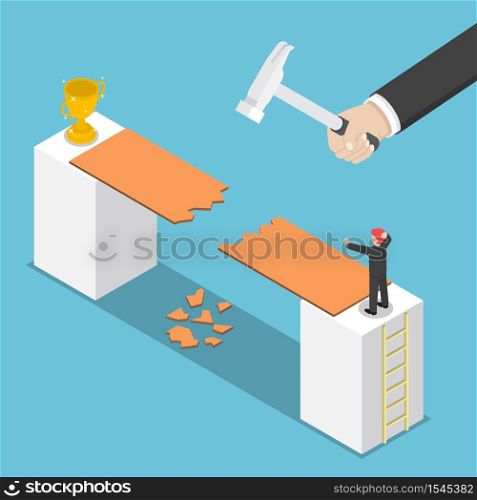 Isometric big hand destroy way to success of businessman, business obstacle, competiton, rival concept, VECTOR, EPS10