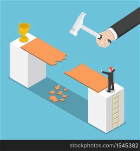 Isometric big hand destroy way to success of businessman, business obstacle, competiton, rival concept, VECTOR, EPS10