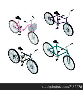 Isometric bikes. Vector 3d pictures of transport. Bicycle transportation sport illustration. Isometric bikes. Vector 3d pictures of transport