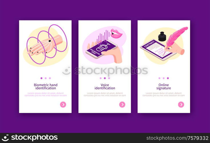 Isometric biometric identification vertical banners set with page switch buttons and images of human fingerprints signatures vector illustration