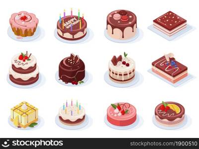 Isometric birthday event tasty strawberry, vanilla, chocolate cakes. Delicious 3d frosted party cakes vector illustration set. Sweet birthday cakes. Tasty birthday food, dessert and cake. Isometric birthday event tasty strawberry, vanilla, chocolate cakes. Delicious 3d frosted party cakes vector illustration set. Sweet birthday cakes