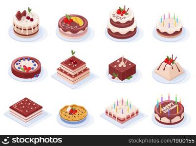 Isometric birthday party delicious chocolate glaze cakes. Chocolate, strawberry or vanilla cream party event tasty cakes vector illustration set. Pastry sweet. Bakery delicious with cream and cherry. Isometric birthday party delicious chocolate glaze cakes. Chocolate, strawberry or vanilla cream party event tasty cakes vector illustration set. Pastry sweet 3d pies