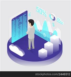 Isometric bitcoin mining. Binary code on device screen, miner, graphs, analytics. Cryptocurrency concept. Infographic isometric vector illustration
