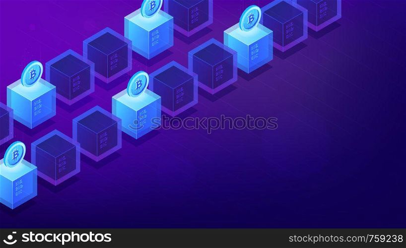 Isometric bitcoin mining computers. Bitcoin miner hardware and software concept. Cryptocurrency mining farm. Blockchain network on ultra violet background. Vector 3d isometric illustration.. Isometric bitcoin mining computers.