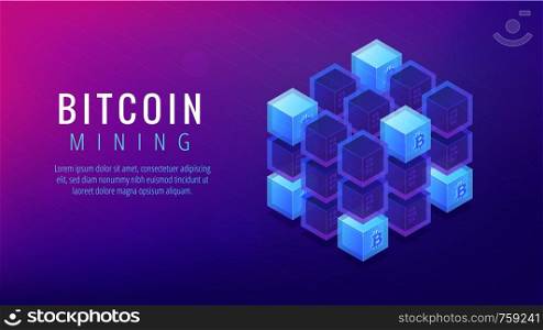 Isometric bitcoin mining farm landing page concept. GPU mining farm, cryptocurrency mining community. Bitcoin miner hardware and software on ultra violet background. Vector 3d isometric illustration.. Isometric bitcoin mining farm landing page concept.
