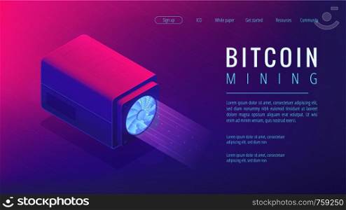 Isometric bitcoin mining landing page concept. Mining crypto currency, video card server farm, data processing unit equipment on ultra violet background. Vector 3d isometric illustration.. Isometric bitcoin mining landing page concept.