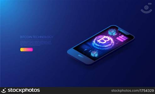 isometric bitcoin on smartphone, most popular cryptocurrency
