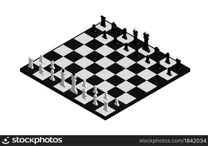 isometric, black and white chessboard with pieces. Isolated vector on white background
